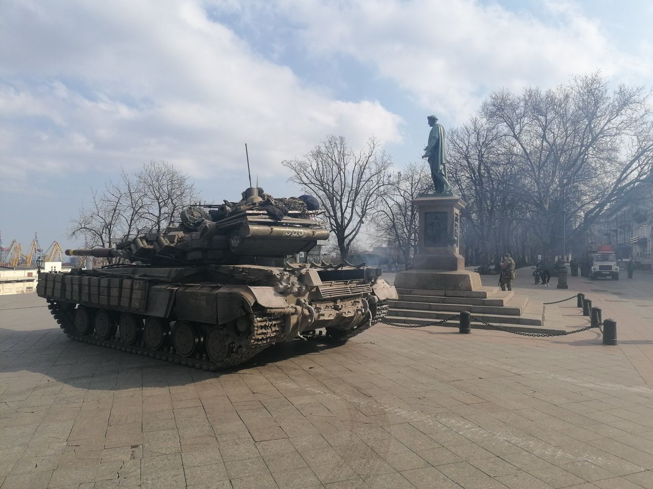 A Ukrainian military tank is seen near the Potemkin Stairs in the center of Odesa.