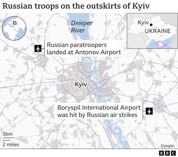 Χάρτης του BBC με τις ρωσικές επιθέσεις έξω από το Κίεβο