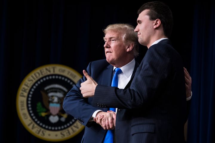Charlie Kirk, pictured with then-President Donald Trump in 2018, called Russia's invasion of Ukraine this week “a dispute 5,000 miles away in cities we can’t pronounce and places we can’t find on a map.” 