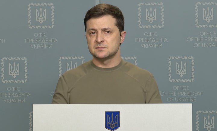 Ukrainian President Volodymyr Zelenskyy holds a press conference Thursday in Kyiv on Russia's attack on Ukraine.