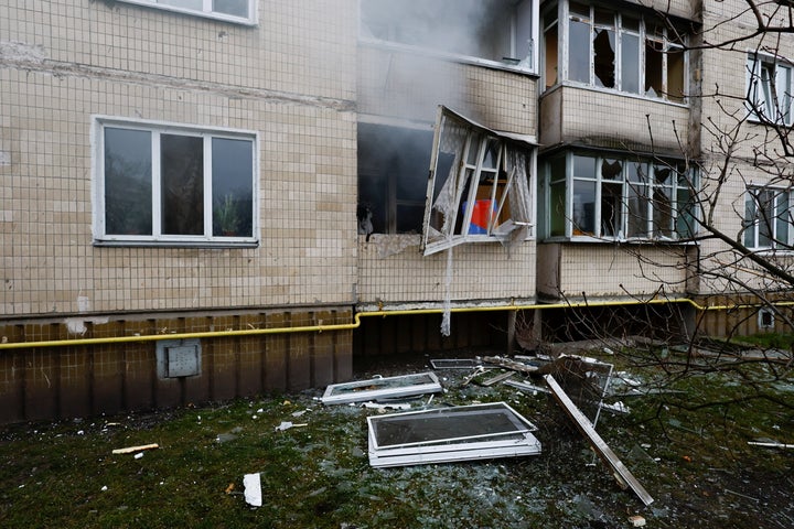 A damaged residential building is seen, after Russia launched a massive military operation against Ukraine, in Kyiv, Ukraine February 25, 2022. REUTERS/Umit Bektas