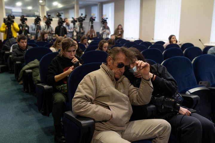Sean Penn attends a press briefing at the Presidential Office in Kyiv, Ukraine
