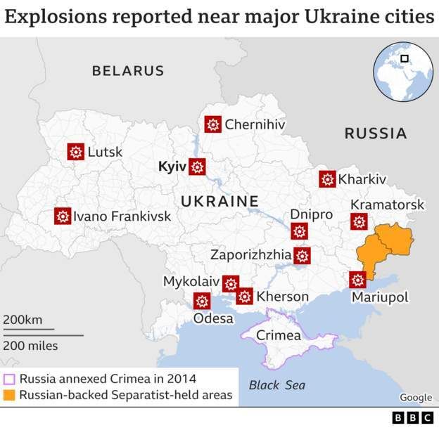 Χάρτης του BBC όπου απεικονίζονται οι πόλεις και οι περιοχές της Ουκρανίας που έχουν σημειωθεί εκρήξεις την Παρασκευή (25/2)