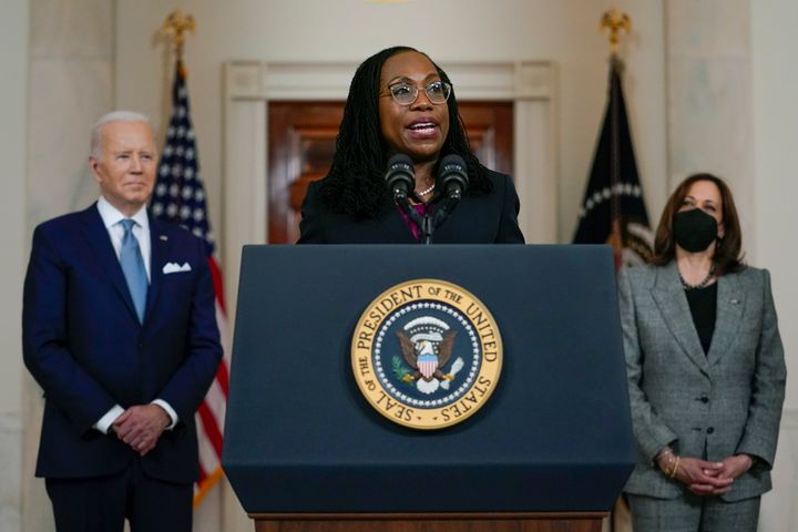 Judge Ketanji Brown Jackson speaks after President Joe Biden announced her as his nominee to the Supreme Court in the Cross Hall of the White House on Feb. 25 in Washington.