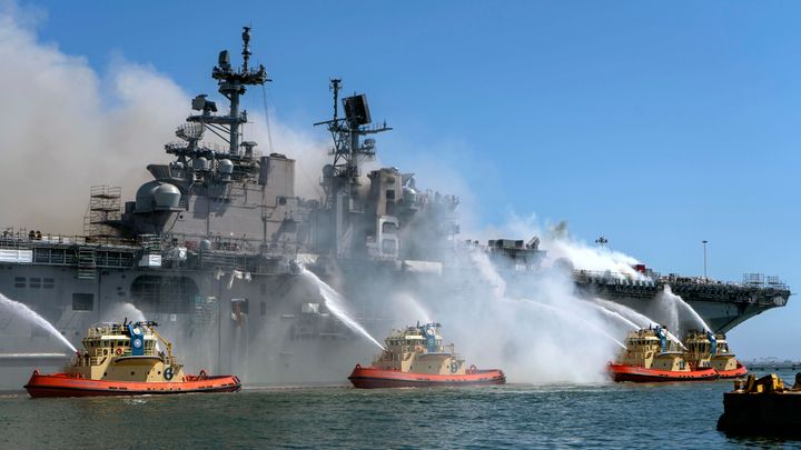 A sailor accused of starting the fire that destroyed the USS Bonhomme Richard in July 2020, will face a court martial for arson, the Navy said Friday. (U.S. Navy photo by Mass Communication Specialist 3rd Class Christina Ross)