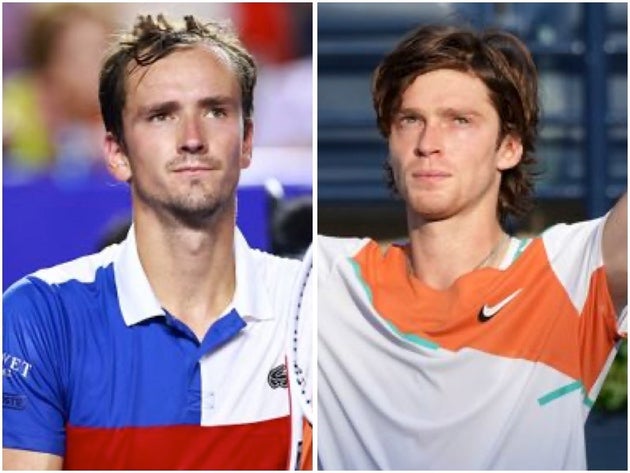 ロシアのダニール・メドベージェフ選手(左)とアンドレイ・ルブレフ選手