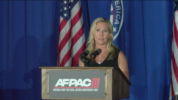 Rep. Marjorie Taylor Greene (R-Ga.) speaks at a white nationalist conference Friday night in Orlando, Florida.