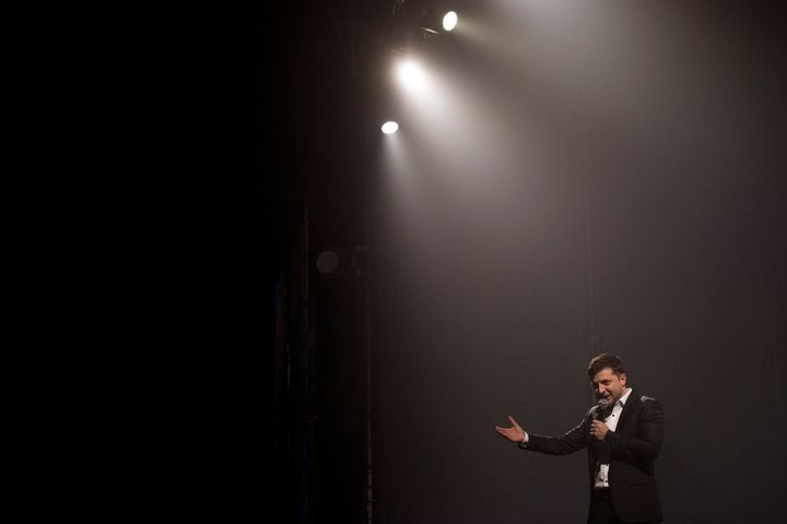 Ukrainian comedian and presidential candidate Volodymyr Zelenskyy performs during a show in Brovary, near Kiev, Ukraine on March 29, 2019. (AP Photo/Emilio Morenatti, File)