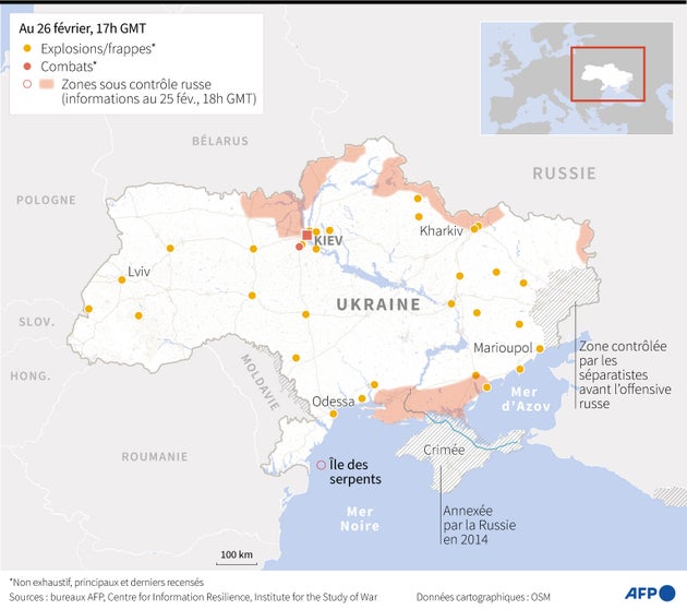 Karte der wichtigsten Vorstöße Russlands in der Ukraine in der Nacht zum 26. Februar
