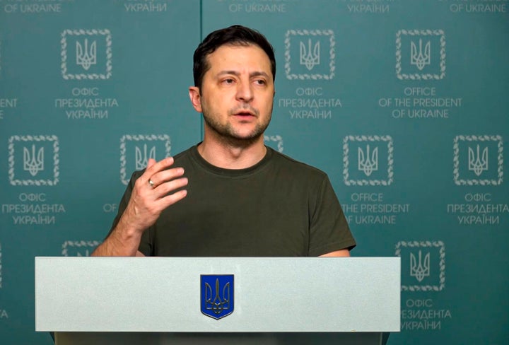 In this photo taken from video provided by the Ukrainian Presidential Press Office, Ukrainian President Volodymyr Zelenskyy speaks to the nation in Kyiv, Ukraine, Sunday, Feb. 27, 2022. (Ukrainian Presidential Press Office via AP)