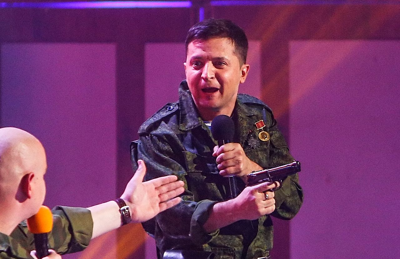 Zelenskyy on stage during the recording of his "Evening Quarter" comedy concert in Kyiv, March 2017. 