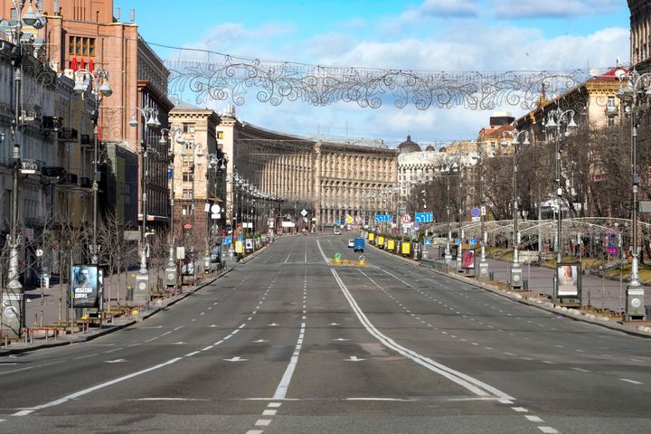 A view of Khreshchatyk, the main street, empty, due to curfew in the central of Kyiv, Ukraine, Sunday, Feb. 27, 2022. (AP Photo/Efrem Lukatsky)