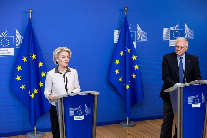 European Commission President von der Leyen (left) and Representative of the European Union for Foreign Affairs and Security Policy Josep Borrell (right) hold a joint press conference on Sunday announcing additional measures responding to Russia's attacks on Ukraine.