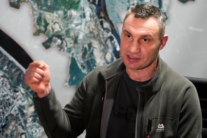 Vitali Klitschko, Kyiv Mayor and former heavyweight champion gestures while speaking during his interview with the Associated Press in his office in the City Hall in Kyiv, Ukraine, Sunday, Feb. 27, 2022. A Ukrainian official says street fighting has broken out in Ukraine's second-largest city of Kharkiv. Russian troops also put increasing pressure on strategic ports in the country's south following a wave of attacks on airfields and fuel facilities elsewhere that appeared to mark a new phase of Russia's invasion.