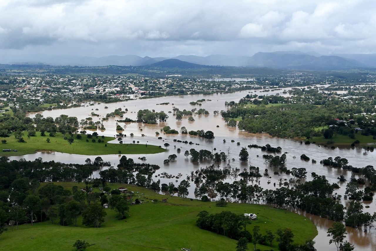 Floodwaters surround the town of Gympie on February 27, 2022, in an area north of Sunshine Coast, Australia.