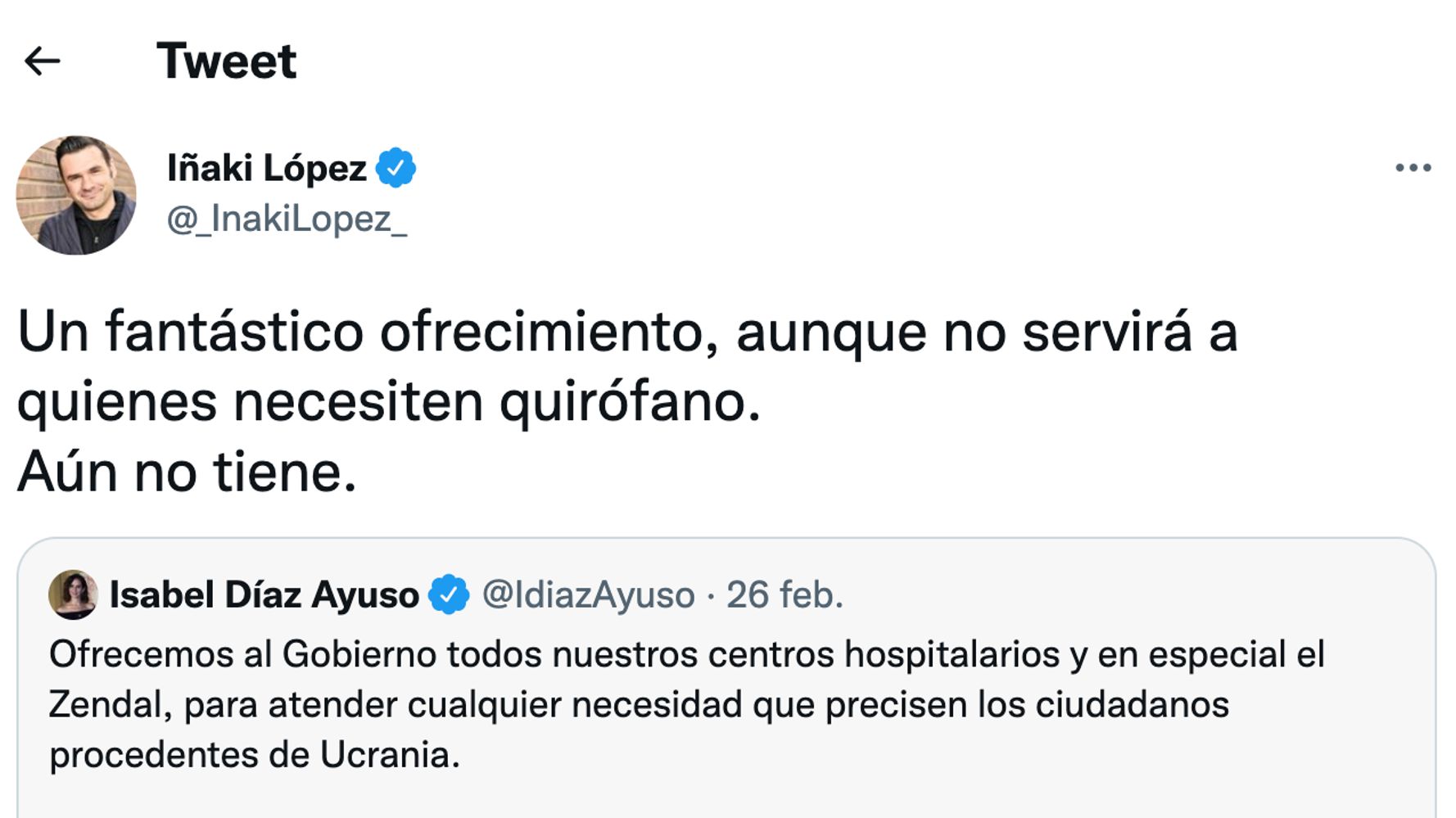 Ayuso surprises everyone on Twitter by responding so severely to this tweet by Iñaki López