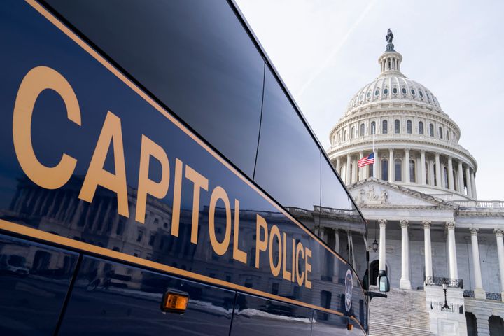 A U.S. Capitol Police bus is seen on the East Front of the U.S. Capitol on the one-year anniversary of the January 6th riot on Thursday, January 6, 2022. 