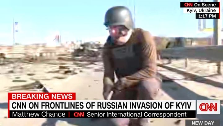 A CNN reporter accidentally stands very close to a grenade while in Kyiv