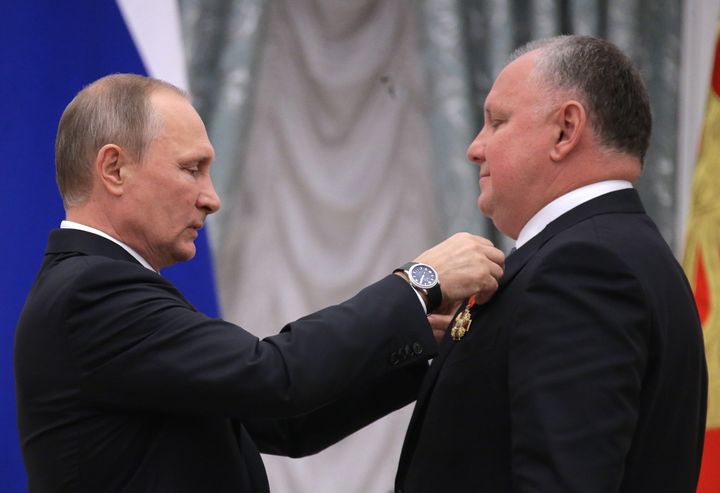 The luxury yacht was reportedly owned by Russian state arms exporter Alexander Mikheyev, who's seen here receiving an award from Russian President Vladimir Putin in 2016 while working for a helicopter manufacturing company.