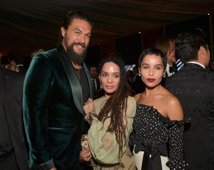 Jason Momoa, Lisa Bonet, and Zoë Kravitz attend a Golden Globes afterparty in 2020.