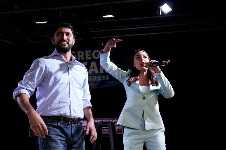 Greg Casar receives the endorsement of Rep. Alexandria Ocasio-Cortez (D-N.Y.) at a rally in San Antonio on Feb. 12.