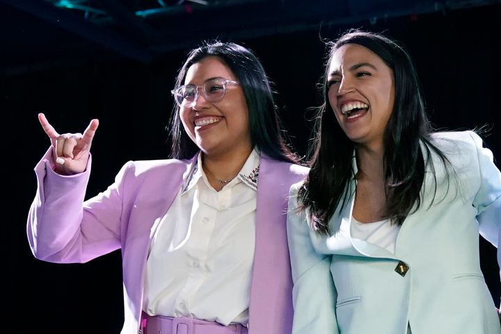 Cisneros, left, poses with Rep. Alexandria Ocasio-Cortez (D-N.Y.). Even Cisneros' supporters admit that her ties to prominent leftists could prove challenging in the general election.