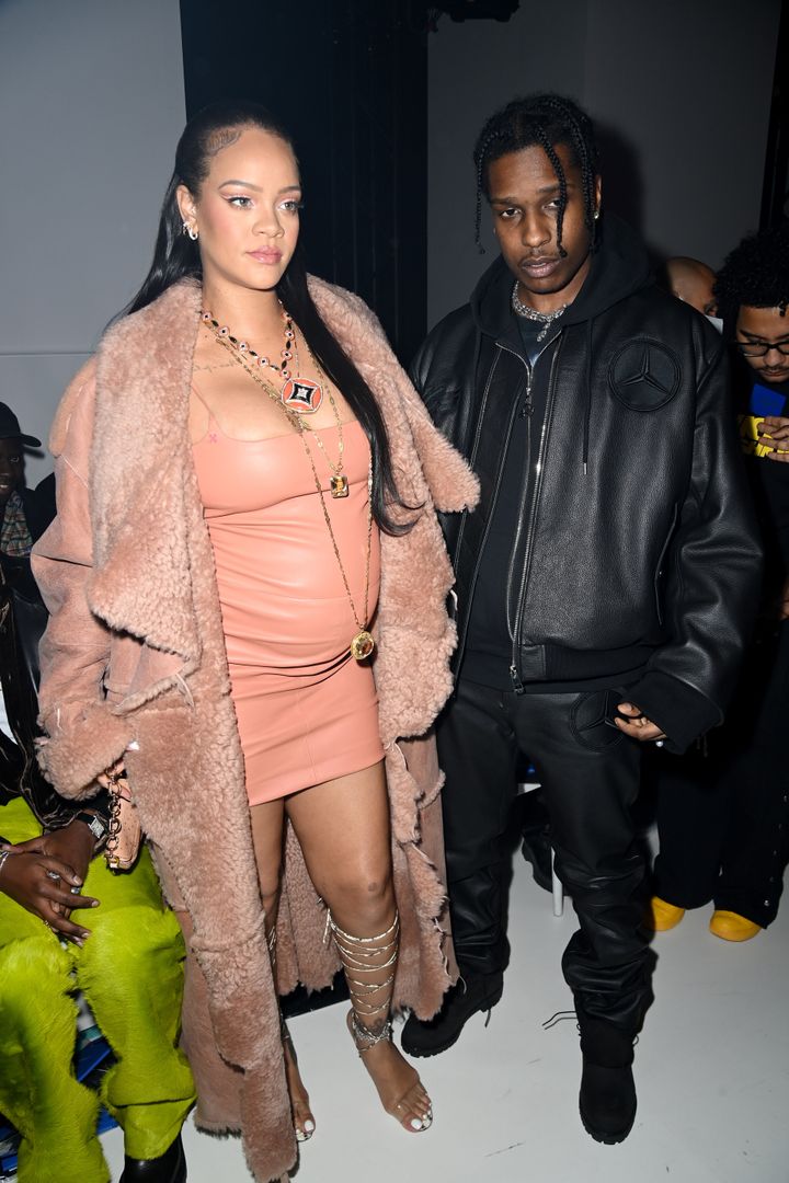 Rihanna and ASAP Rocky attend the Off-White Womenswear Fall/Winter 2022/2023 show as part of Paris Fashion Week on February 28, 2022 in Paris, France. (Photo by Pascal Le Segretain/Getty Images)