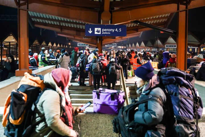 People arrive on a train from Ukraine at the main railway station in Przemysl, Poland, due to ongoing Russian invasion.