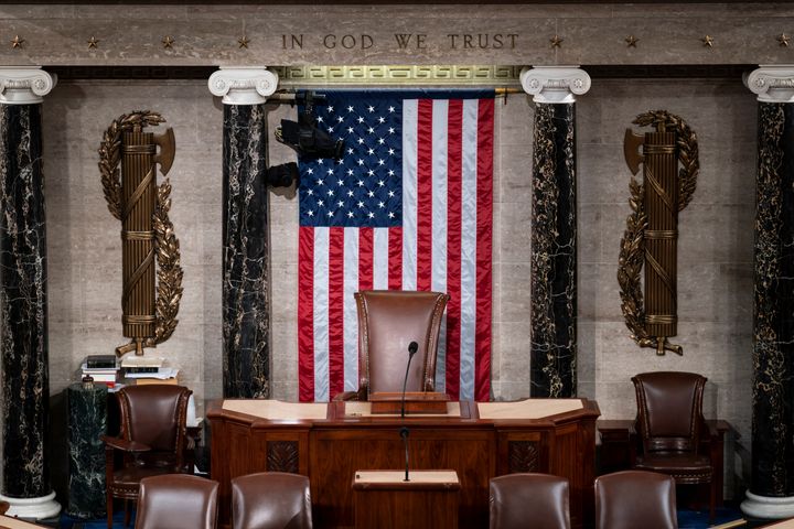 The speaker's dais in the House of Representatives is seen at the Capitol in Washington, on Feb. 28, 2022. President Joe Biden sat through many State of the Union speeches as a senator and vice president. On Tuesday night, he'll deliver the address himself.
