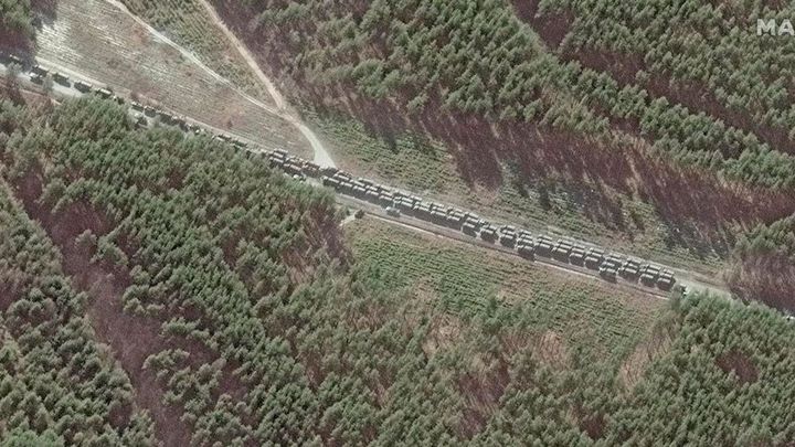 Satellite photos of the 40-mile long convoy heading towards Ukraine on Tuesday