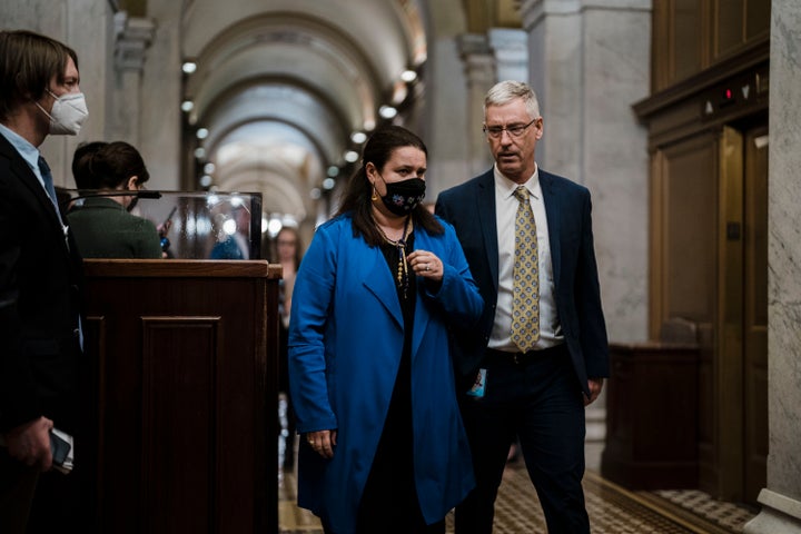 Ukraine's ambassador to the U.S., Oksana Markarova, heads to a meeting with senators in the U.S. Capitol Building on Feb. 28.