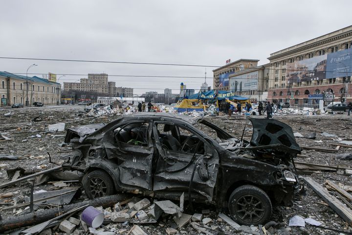 A view of the central square following shelling of the City Hall building in Kharkiv, Ukraine, Tuesday, March 1, 2022. (AP Photo/Pavel Dorogoy)