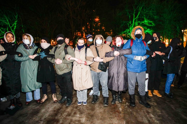 Participants in an unauthorised rally in Senate Square against a special military operation in Ukraine.