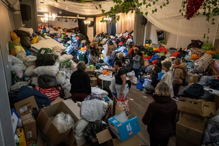 Volunteers at the Klub Orla Bialego (White Eagle Club) in Balham, south London, sift through donations made by members of the public.