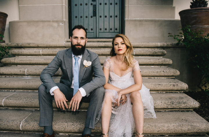 The author and her husband on their wedding day. "It's our family band album cover," she says.