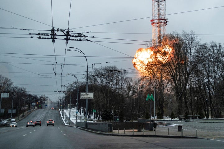 A blast is seen in Kyiv's main TV tower amid Russia's invasion of Ukraine on March 1.