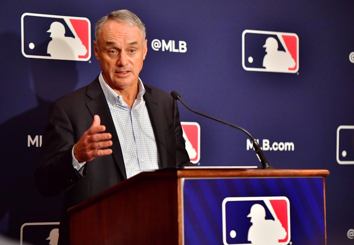 Major League Baseball Commissioner Rob Manfred answers questions during an MLB owner's meeting at the Waldorf Astoria on February 10, 2022 in Orlando, Florida.
