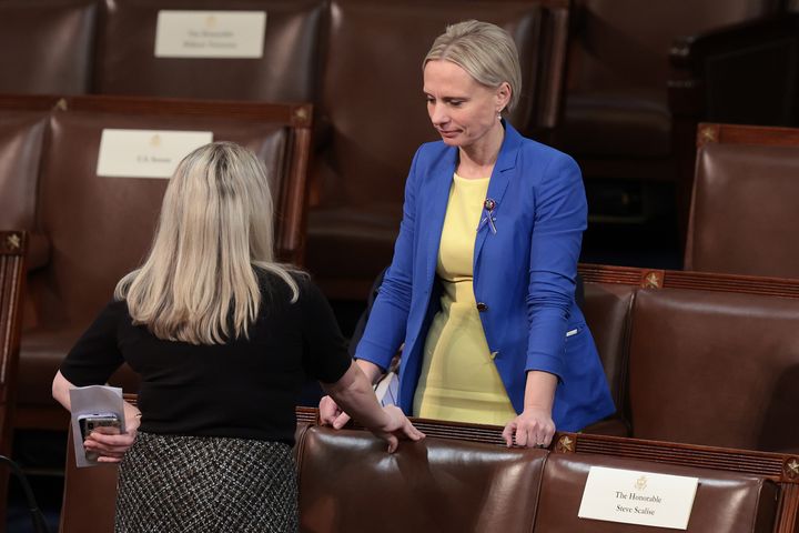 Rep. Victoria Spartz (R-Ind.), a Ukrainian American, wearing the Ukrainian flag colors, waits for the start of President Joe Biden's State of the Union address Tuesday before a joint session of Congress.