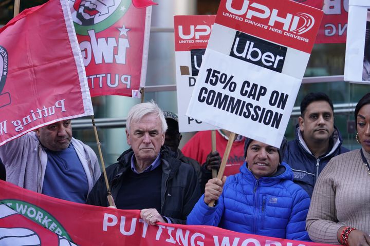 Former shadow chancellor John McDonnell at a protest outside Uber's office in London last year.