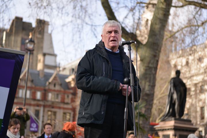 John McDonnell speaking at a demonstration in Parliament Square.