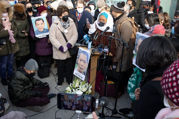 A press conference and memorial vigil for Yao Pan Ma, who died in December after being attacked on a New York City street while collecting cans. 
