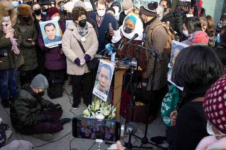 A press conference and memorial vigil for Yao Pan Ma, who died in December after being attacked on a New York City street while collecting cans.