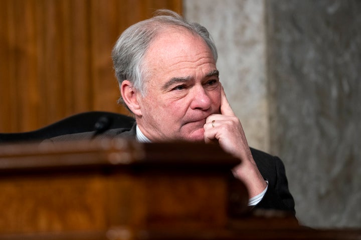 Sen. Tim Kaine (D-Va.) listens during a Jan. 11 Senate hearing on the federal response to COVID-19 and new emerging variants.