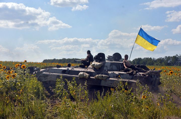 Tropas ucranianas en un campo de girasoles en julio de 2014 durante el conflicto de Crimea.