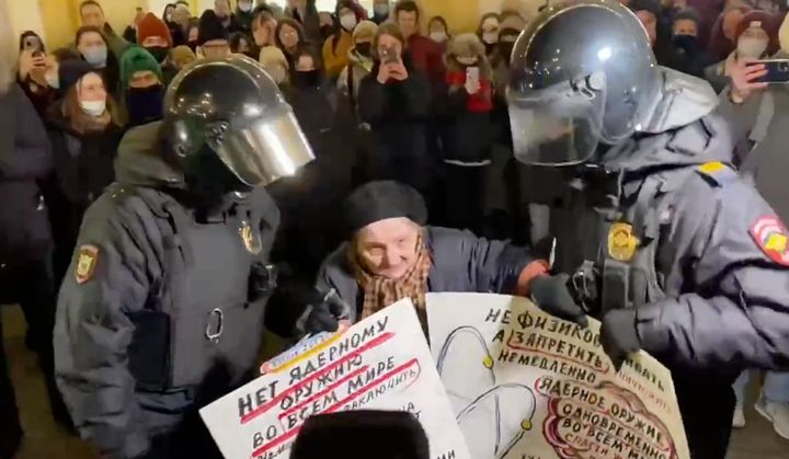 A 77-year-old protester was arrested in St Petersburg for demonstrating peacefully against the war