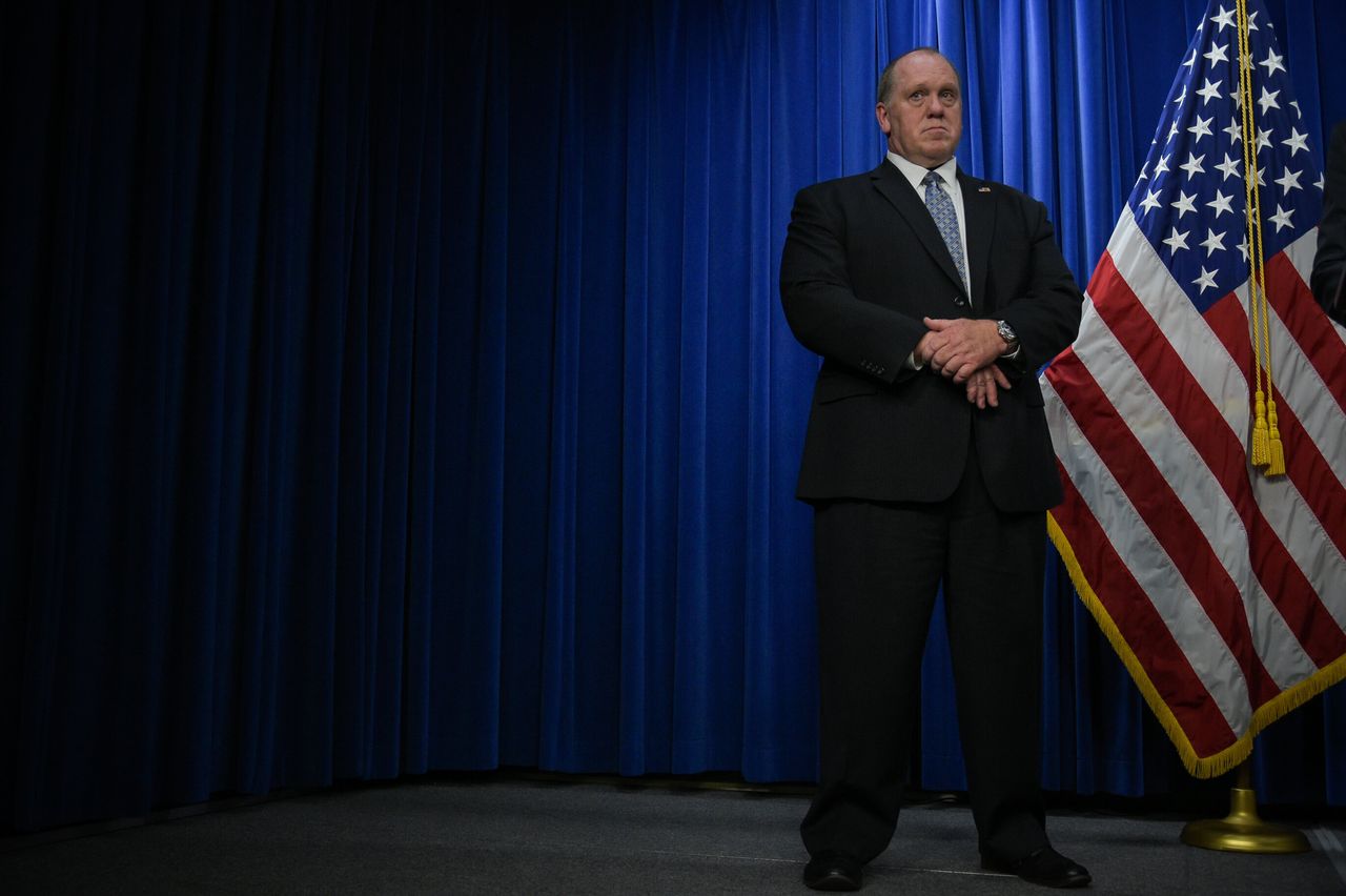 Thomas Homan, then acting director of Immigration and Customs Enforcement, during a press conference in May 2017. He nearly gave a speech at a white nationalist conference last week.