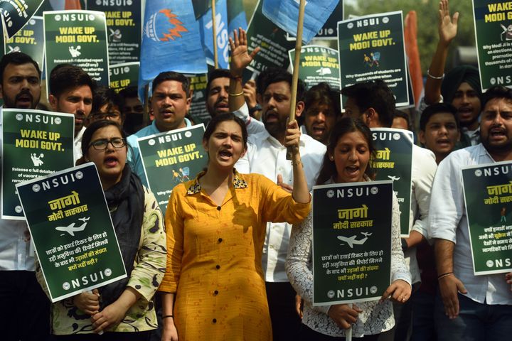 Members of the National Student Union of India protest demanding safe evacuation of stranded Indian students in war ravaged Ukraine at Shastri Bhawan on March 2, 2022, in New Delhi, India.