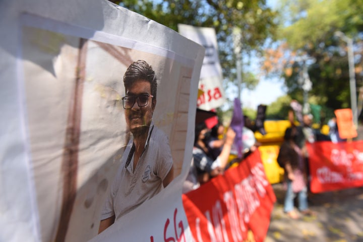 Members of an All India Students' Association protest demand safe evacuation of Indians stranded and against the death of an Indian student in Ukraine on March 2, 2022, in New Delhi, India. Naveen Shekharappa, a medical student from Karnataka's Haveri district, was killed in the eastern Ukrainian city of Kharkiv 