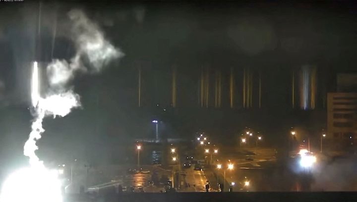 Surveillance camera footage shows a flare landing at the Zaporizhzhia nuclear power plant during shelling in Enerhodar, Zaporizhia Oblast, Ukraine.