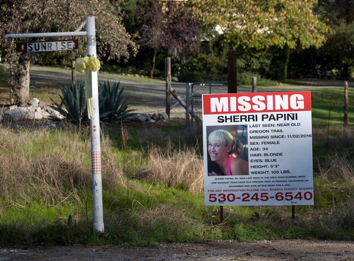 In this Nov. 10, 2016, file photo, a "missing" sign for Mountain Gate, Calif., resident Sherri Papini, is seen along Sunrise Drive, near the location where the mom of two is believed to have gone missing while on an afternoon jog.